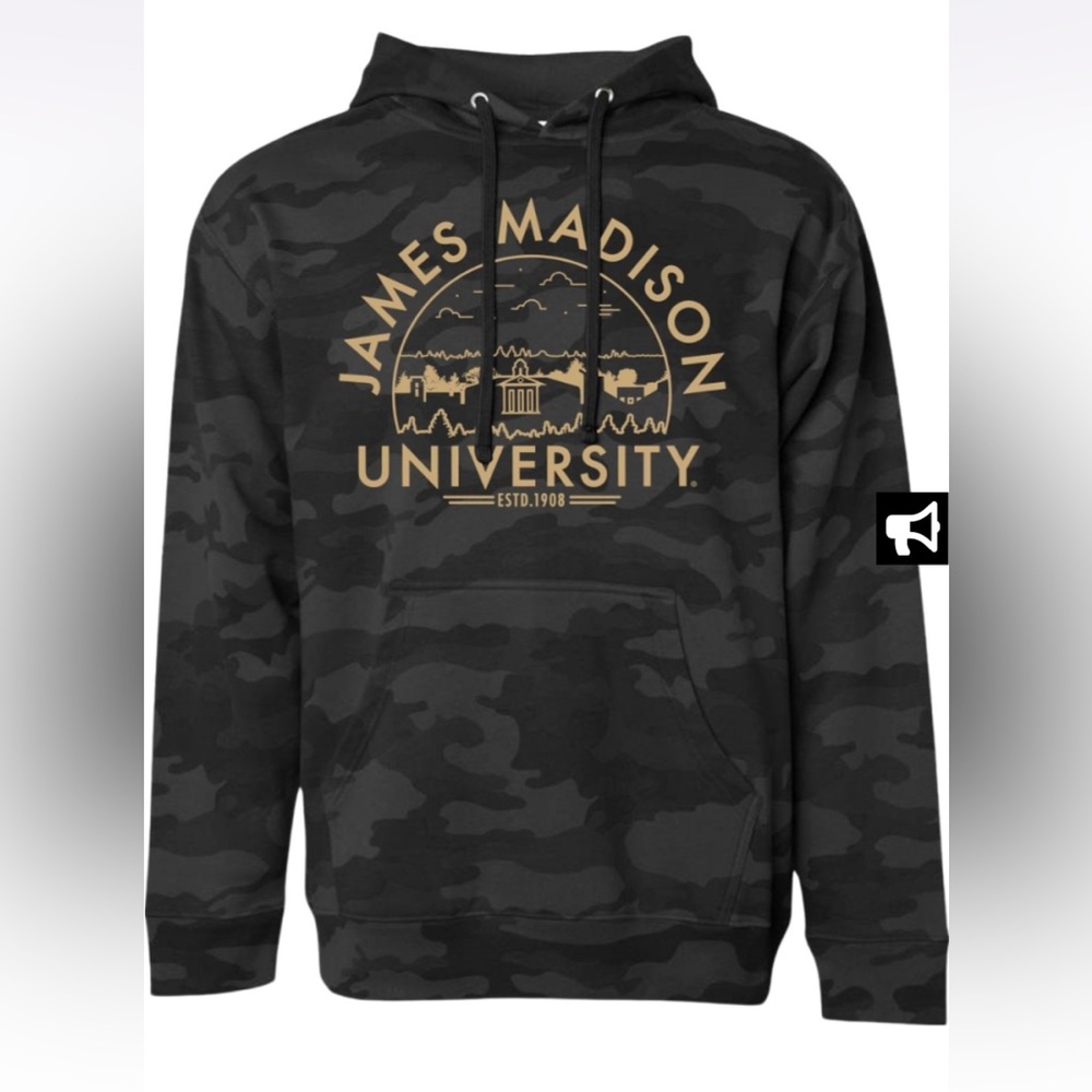 James Madison University JMU women’s camo hoodie.
